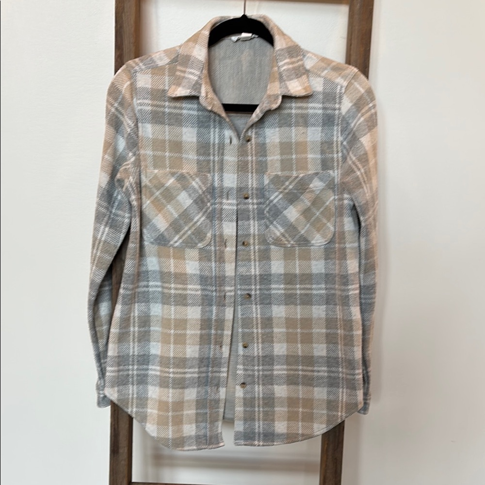 Plaid Button-Up Shirt - Beige and Gray